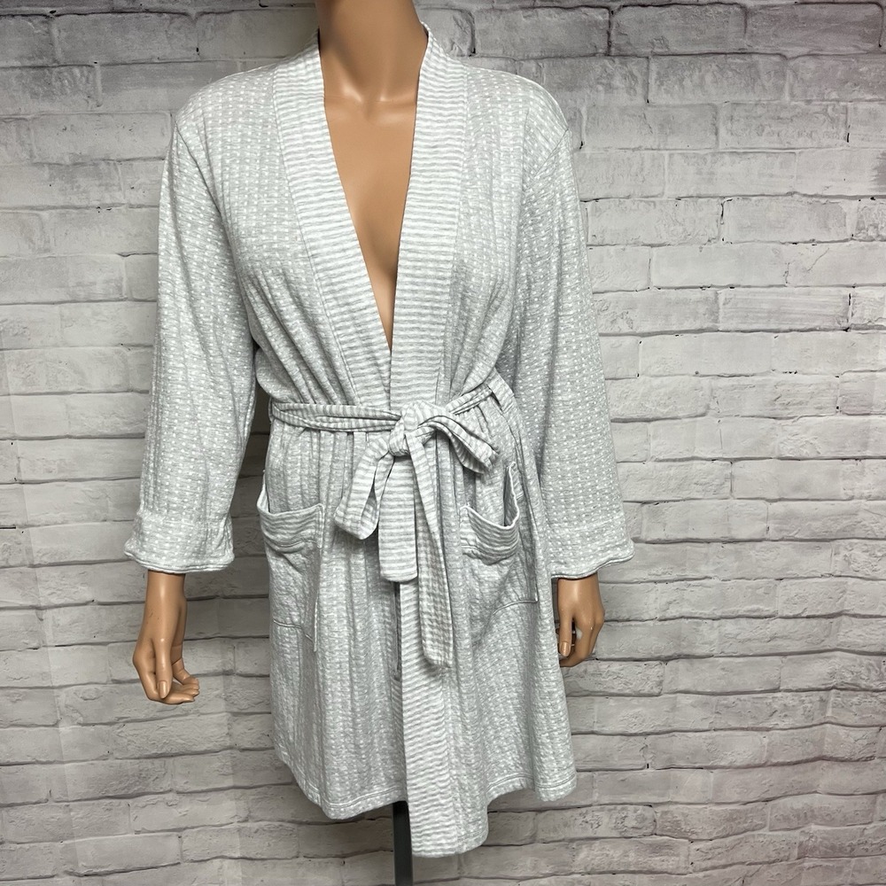Charter Club Robe Womens‎ Medium Gray Knit Dot Stripe Tie Wrap Pockets Cozy - Picture 3 of 15